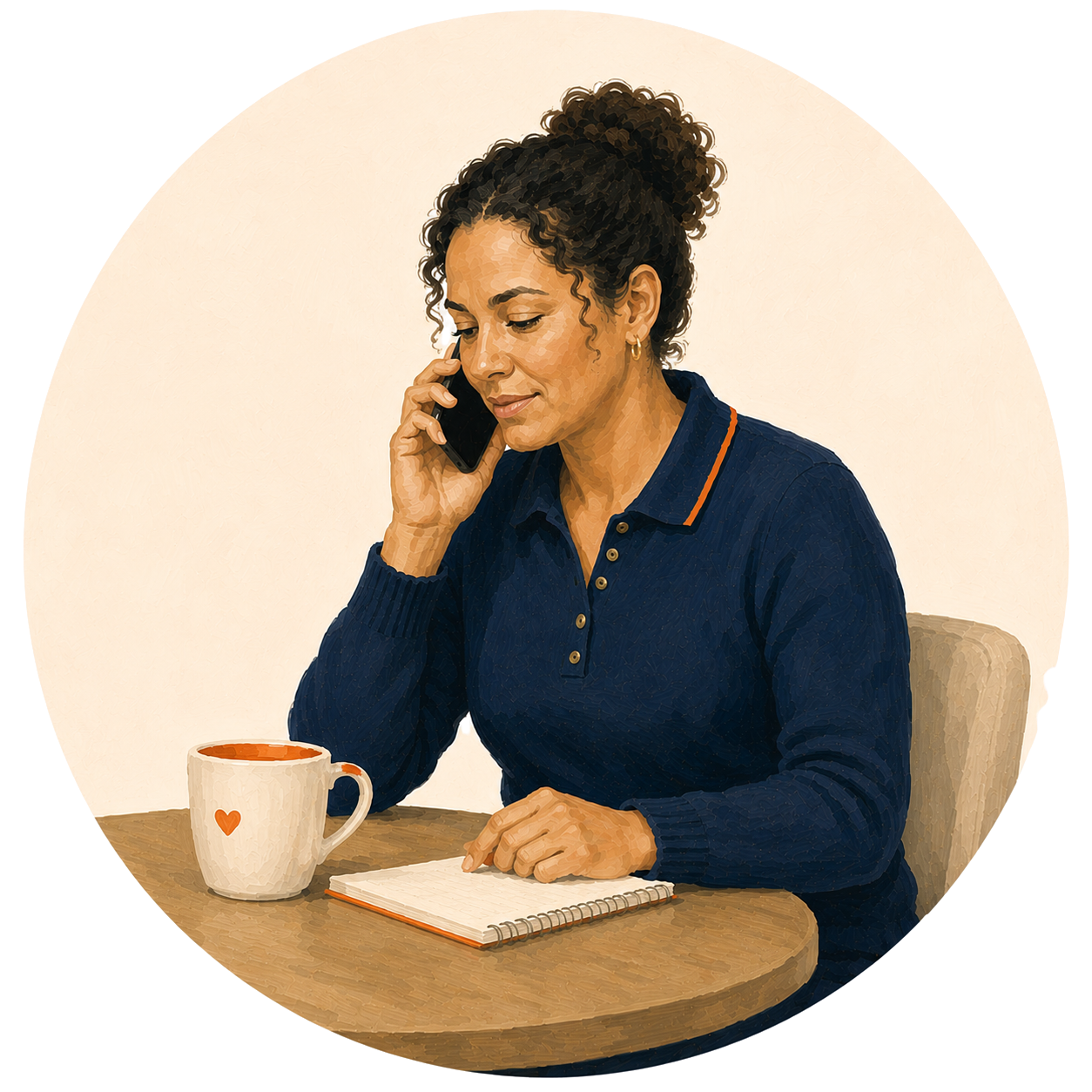 Care manager on the phone with notebook and mug