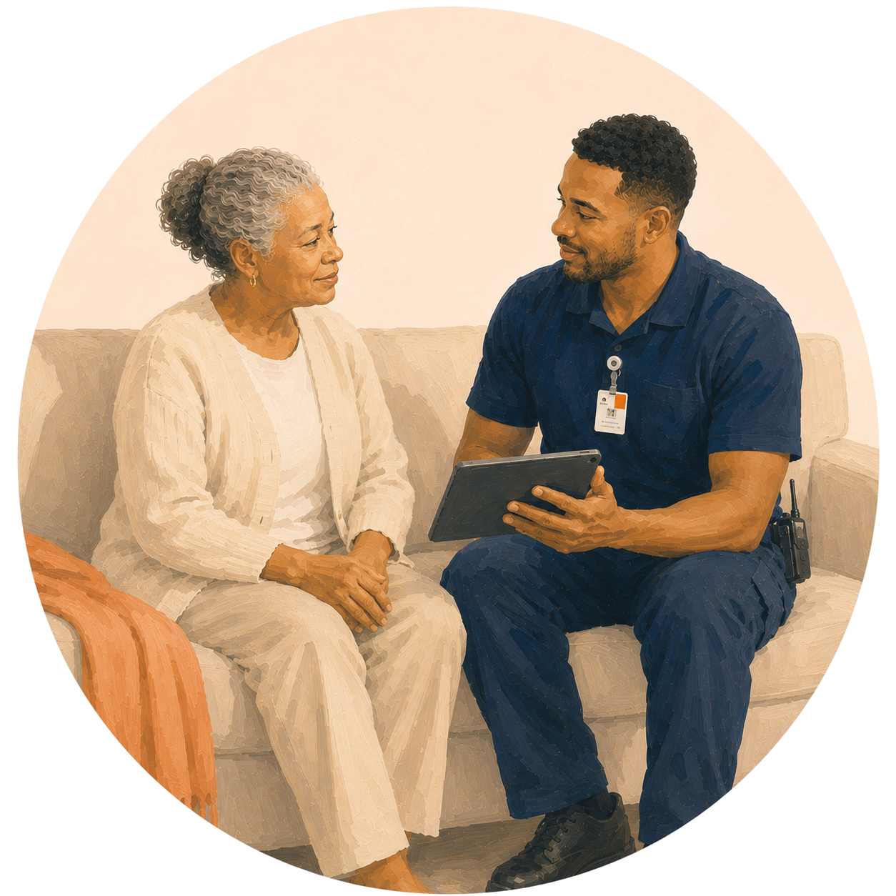 Male EMT sitting with a patient on a sofa, holding a tablet