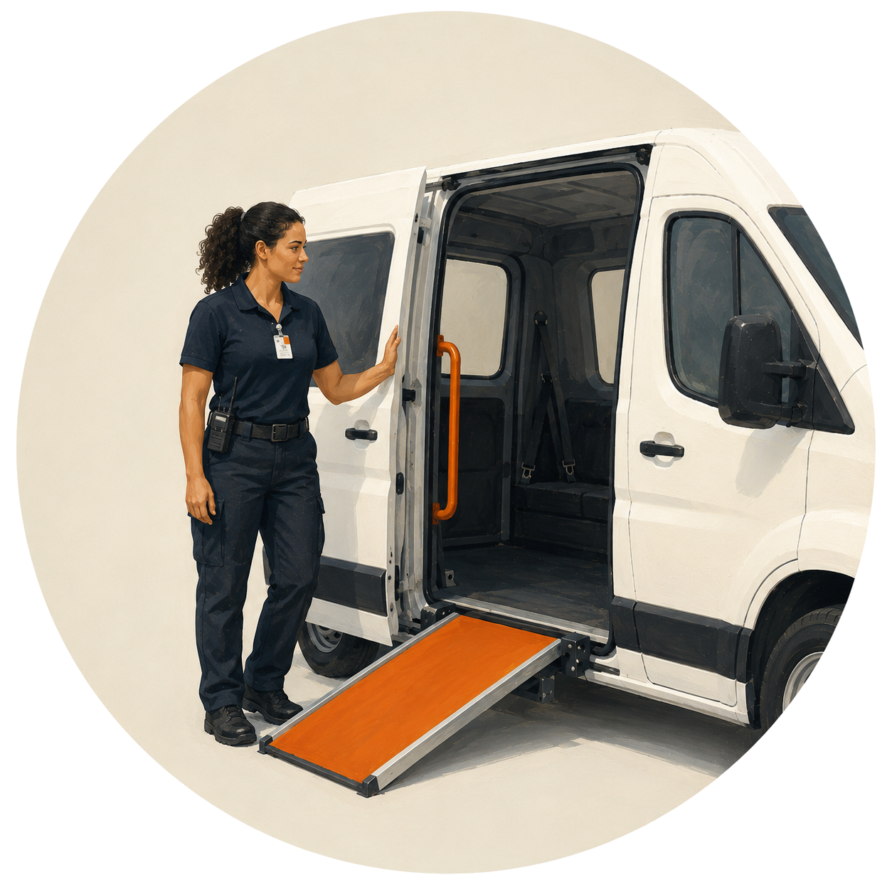 Florida-licensed EMT next to a wheelchair-accessible medical transport van